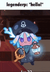 a cartoon character is standing in a room holding a lantern and a sword .