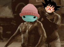 a man wearing a pink hat and a blue mask with a cartoon character behind him