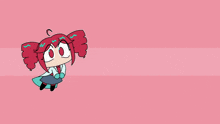 a cartoon of a girl with red hair is flying in a row on a pink background