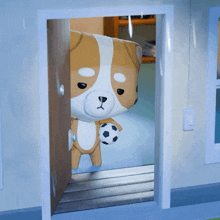 a brown and white stuffed animal holding a soccer ball in a doorway