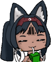 a cartoon character with cat ears is drinking a green drink through a straw .