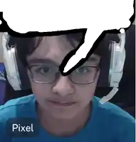 a person wearing glasses and headphones has a pixel sticker on their face