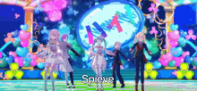 a group of anime characters are dancing on a stage with the word spieve written on the bottom .