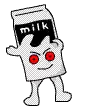 a cartoon drawing of a milk carton with red eyes and a face .