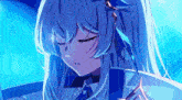 a close up of a blue haired anime girl with her eyes closed