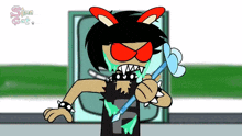 a cartoon character with bunny ears is holding a toothbrush and the word slime on the bottom right