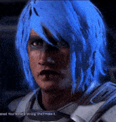 a video game character with blue hair is talking about his sister