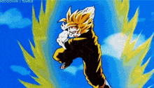 a cartoon character from dragon ball z is flying through the air