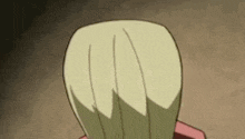 a close up of a cartoon character 's head with blonde hair and a red jacket .