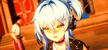 a blue haired anime girl wearing headphones and sunglasses