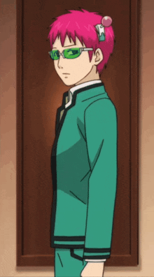 a cartoon character with pink hair and green glasses is standing in front of a door