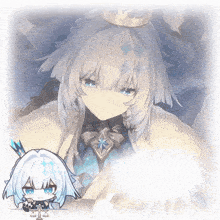 a girl with white hair and blue eyes is wearing a crown and holding a sword