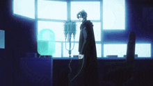 a man in a black cape is standing in front of a window with a blue light behind him