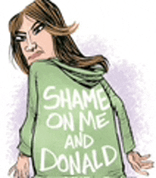 a cartoon of a woman wearing a hoodie that says `` shame on me and donald '' .