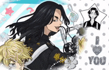 a drawing of a man with long hair and the words i love you in the corner