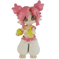 a doll with pink hair and yellow bracelets