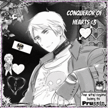 a black and white drawing of a man with the title conqueror of hearts