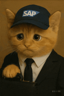 a cat wearing a sap hat and a suit