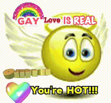 a smiley face with wings and horns says gay love is real you 're hot