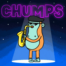 a cartoon of a monkey playing a saxophone under a neon sign that says chumps