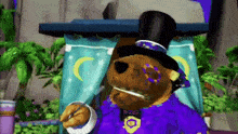 a teddy bear is wearing a top hat and holding a toothbrush