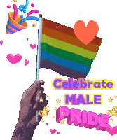 a hand holding a rainbow flag with the words " celebrate male pride " above it