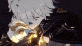 a close up of a cartoon character with white hair and a black armor