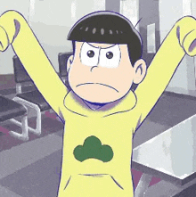 a cartoon character is wearing a yellow hoodie with a green cloud on it and his arms outstretched .