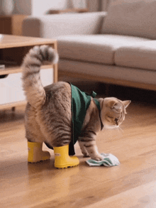 a cat wearing a green scarf and yellow hunter boots