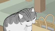 a cartoon drawing of a cat standing next to a shopping bag
