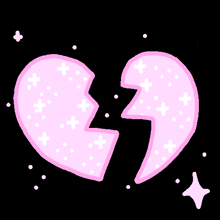 a pink broken heart with a black background and white stars