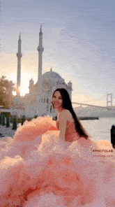 a woman in a pink dress stands in front of a mosque and a bridge