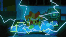 a cartoon drawing of a monster with lightning coming out of his mouth