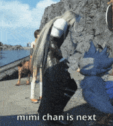 a video game character is standing next to a bird and says mimi chan is next