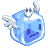 a pixel art drawing of a blue ice cube with wings and a crown on its head .