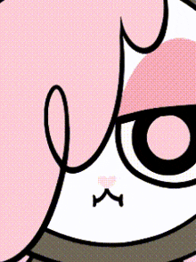 a close up of a cartoon character 's face with pink hair