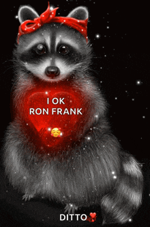 a raccoon wearing a red bandana and a red heart that says i ok ron frank