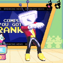 a cartoon character is dancing in front of a screen that says " breaking news "
