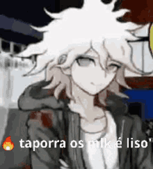 a drawing of a boy with white hair and the words taporra os mik e liso .