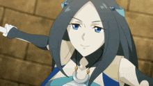 a girl with long black hair and blue eyes holds a stick