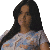 a woman with long hair wearing a blue and white vest with flowers on it