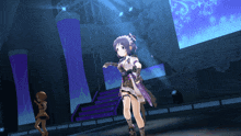 a girl with purple hair is dancing on a stage