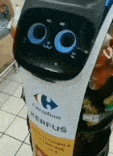 a robot standing next to a bottle of carrefour kerfus