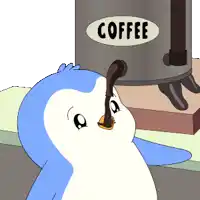 a cartoon penguin drinking coffee from a coffee can
