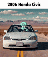 a white honda civic with squidward driving it