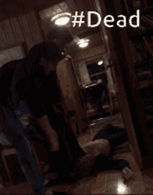 a person is laying on the floor in a dark room with #dead written on the bottom