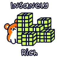 a cartoon of a hamster and a stack of green cubes with the words insanely rich underneath