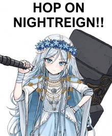 a girl in a white dress is holding a hammer with the words hop on nightreign below her
