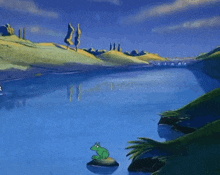 a frog is sitting on a rock in the water near a river