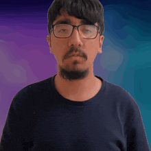 a man with glasses and a beard is wearing a black shirt